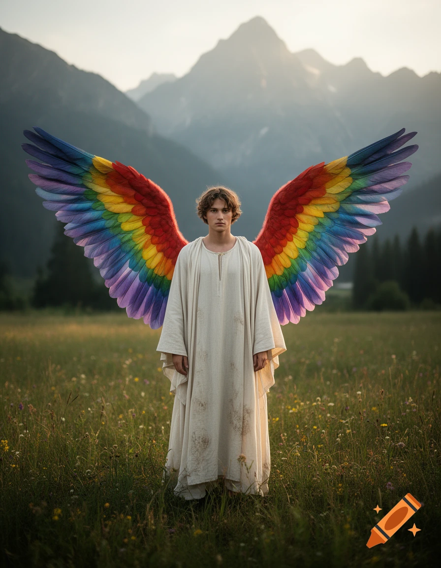 Photorealistic angel with large rainbow-colored wings standing in a grassy meadow with mountains in the background.