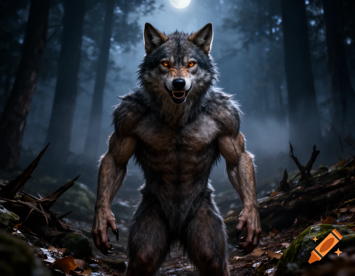 A muscular werewolf stands in a dark, misty forest under a full moon.