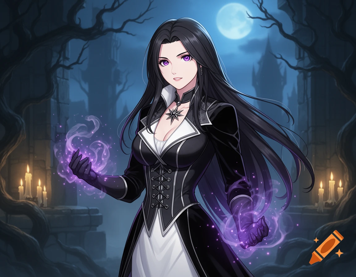 Anime style portrait of a dark-haired sorceress in black and white attire wielding purple magic in a moonlit graveyard.