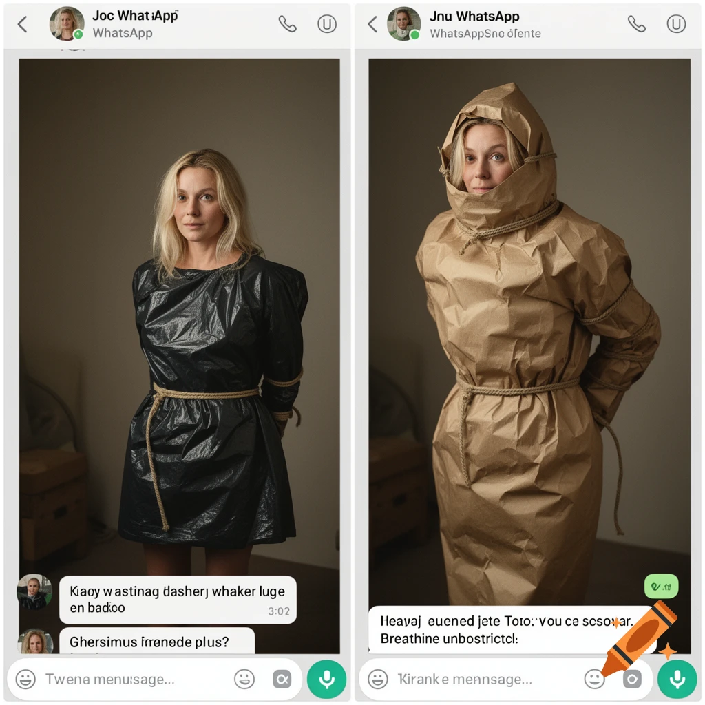 Mockup of WhatsApp chat with two photos of a blond woman in makeshift plastic and paper outfits.