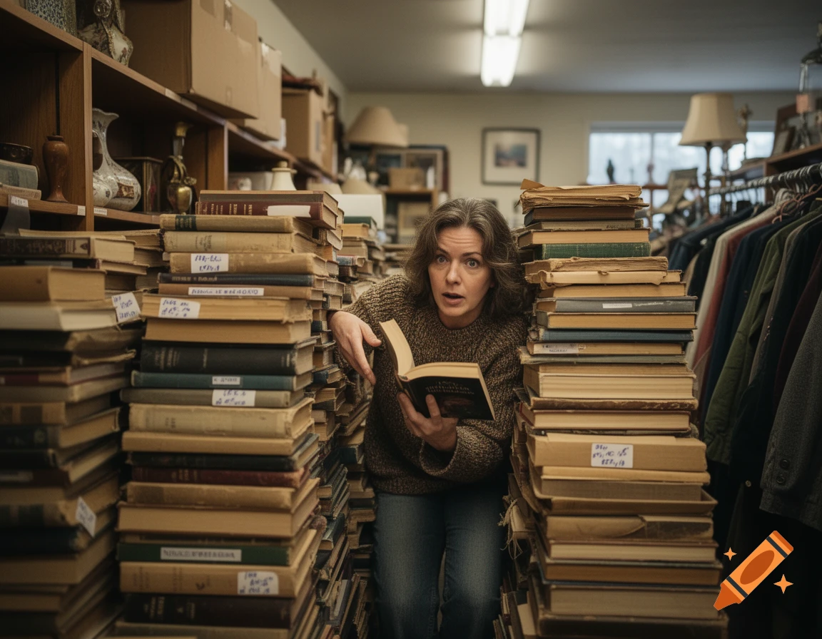 Photorealistic image of a woman looking surprised while holding a book, standing between tall stacks of books in a thrift store.