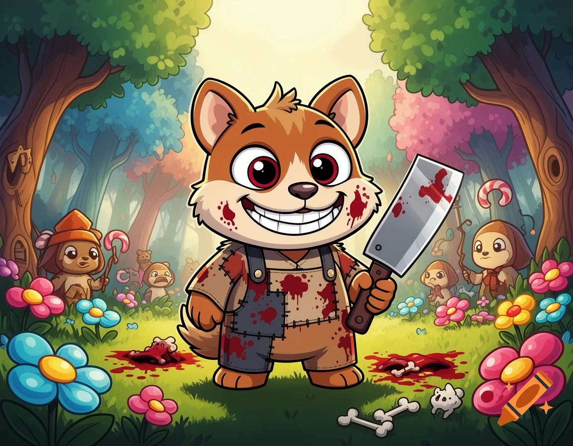 Cartoon dog character holding a meat cleaver in a sunny forest clearing with bones and blood splatters, Happy Tree Friends style.