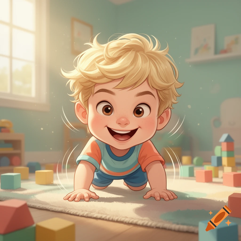 Digital illustration of a smiling toddler with blonde hair crawling on a rug in a brightly lit room with toys.
