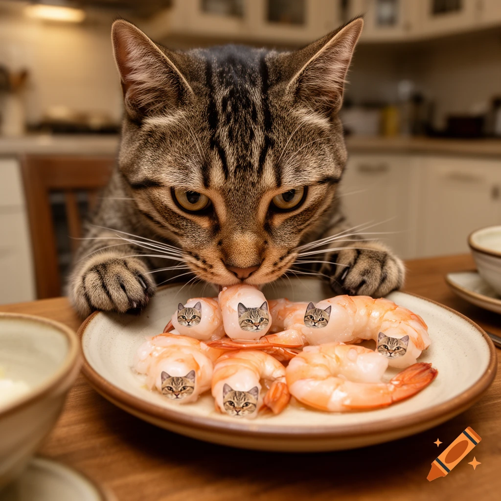 A close-up photorealistic image of a tabby cat eating shrimp off a plate, where the shrimp have miniature cat faces on them.