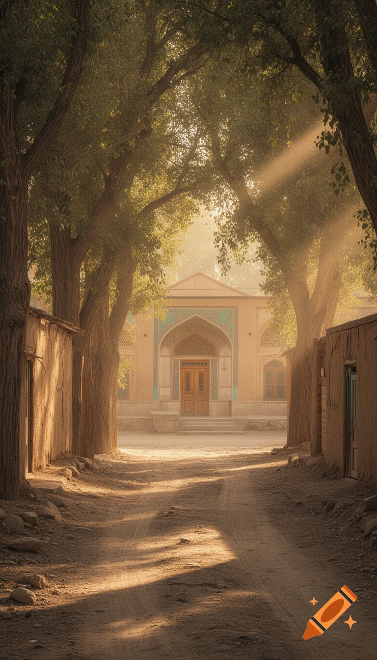 Cinematic wide shot of an old dusty alley with tall trees and golden afternoon light leading to a traditional Persian house.