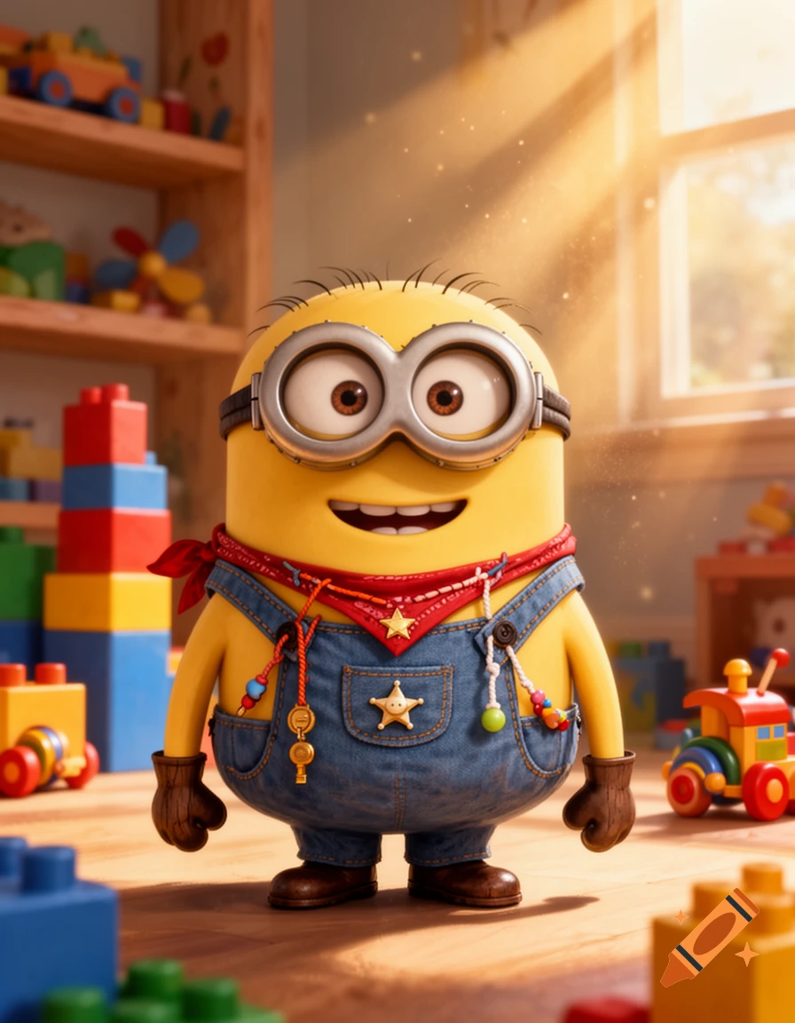 A Minion wearing a cowboy-themed outfit with a red bandana and overalls in a child's playroom.