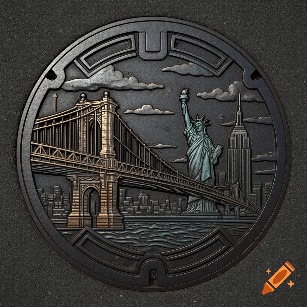 Manhole cover design featuring a metallic relief of the Manhattan Bridge, Statue of Liberty, and Empire State Building.