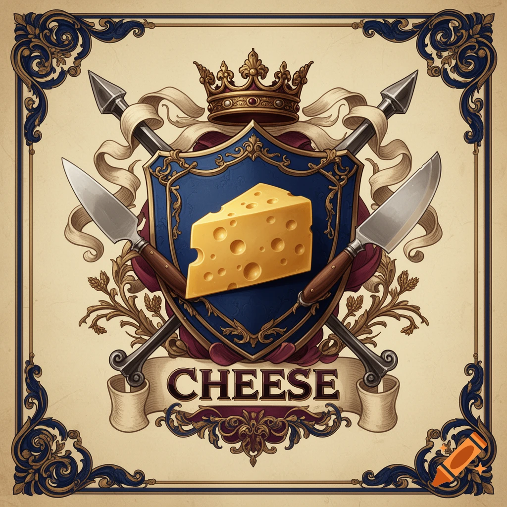 Cheese themed coat of arms with a blue shield, crown, crossed daggers, and banner reading CHEESE.
