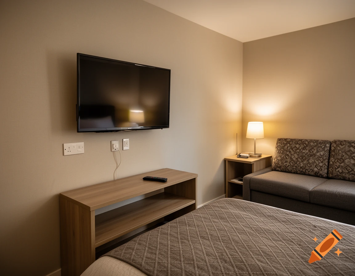 Photorealistic hotel room interior with a mounted TV, wooden media console, and a sofa next to a bed.