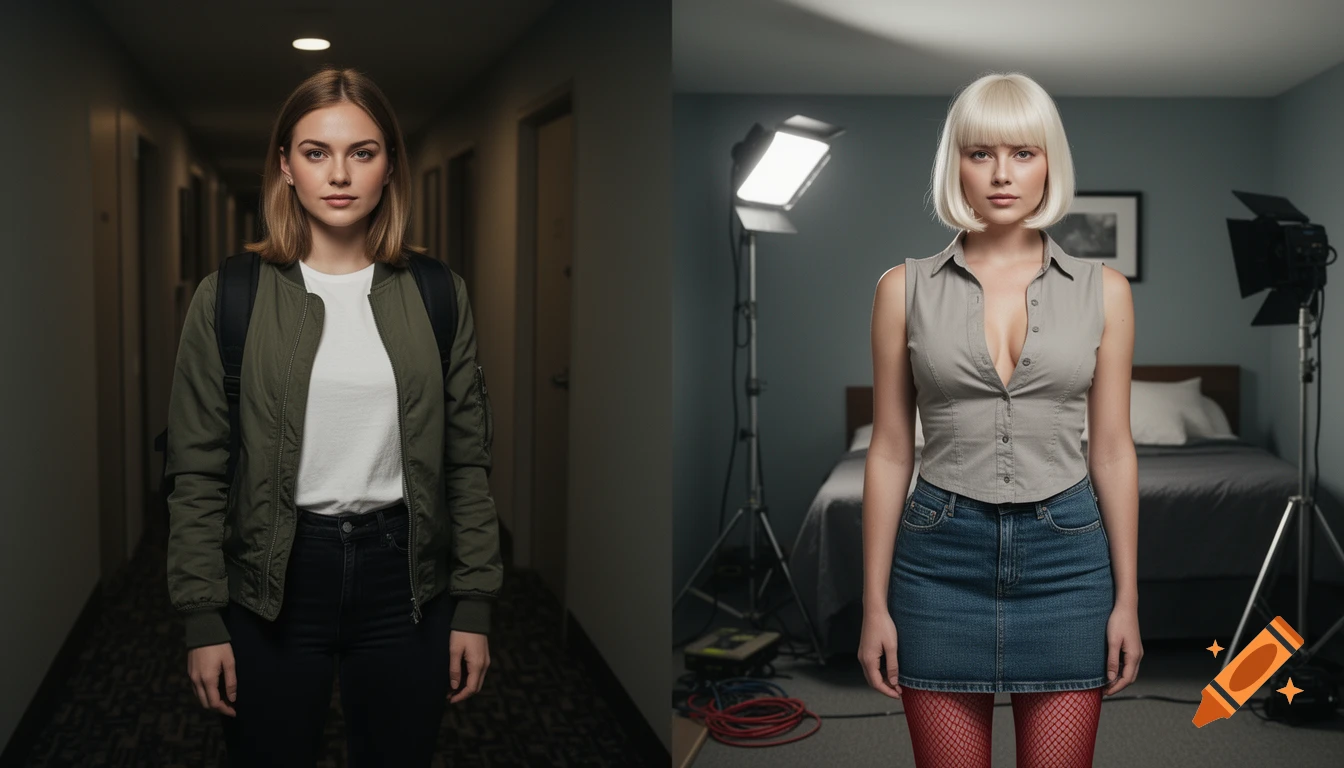 Split-screen photorealistic portrait of a young woman with light brown hair in a hotel hallway and a blonde bob in a motel room.
