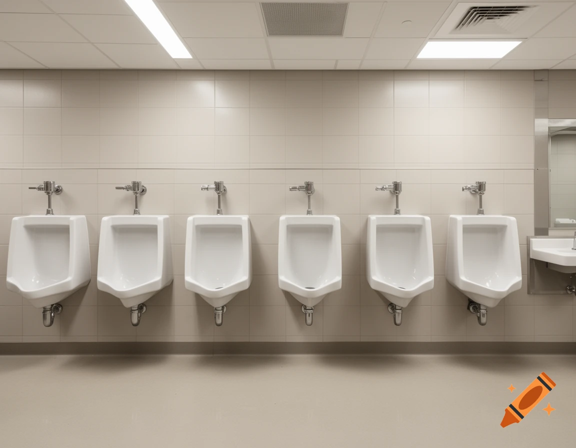 Photorealistic row of clean, empty white urinals in a public restroom with beige tiled walls.
