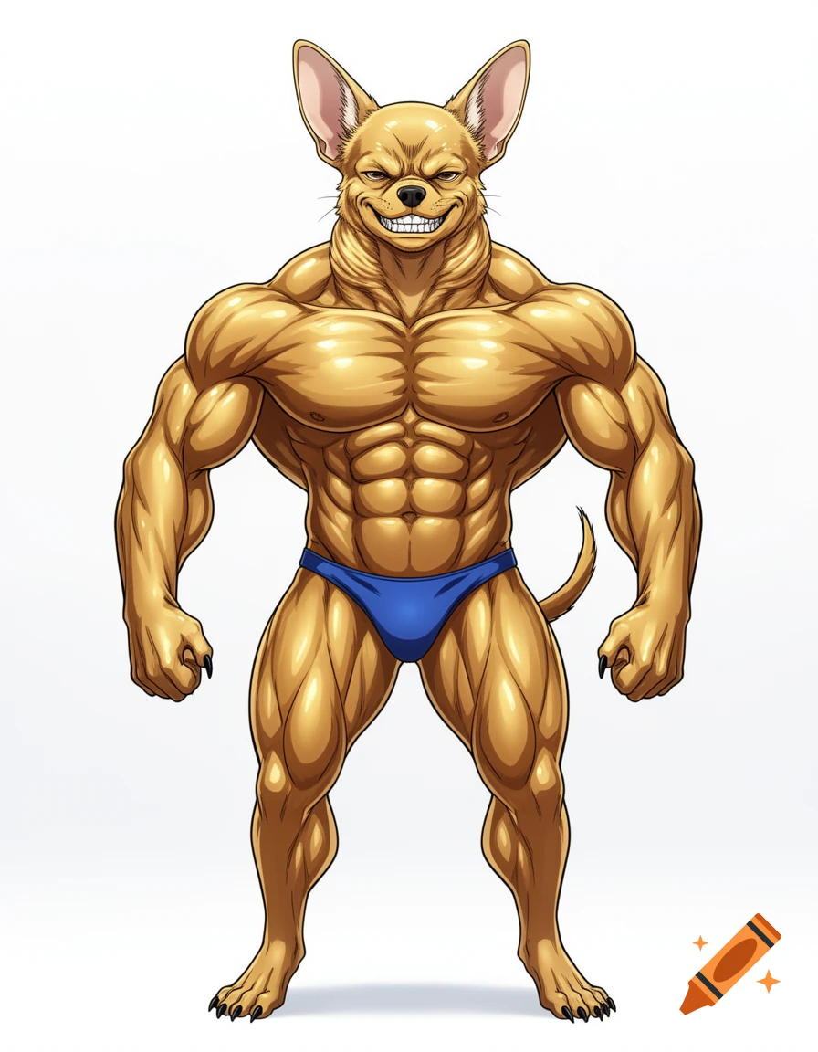 An anthropomorphic, extremely muscular chihuahua bodybuilder with golden-bronze fur wearing a blue posing thong.