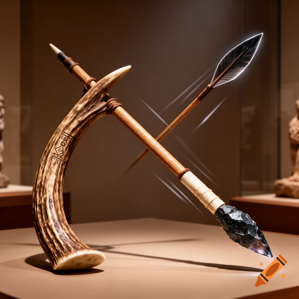 An atlatl and composite dart resting on a display stand in a museum, photorealistic.