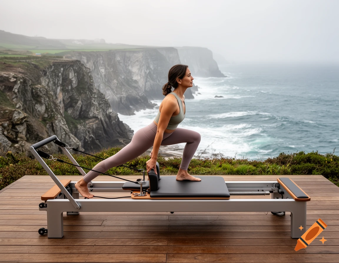 A woman doing pilates on a reformer machine on a wooden deck overlooking a foggy ocean and rocky cliffs, photorealistic.