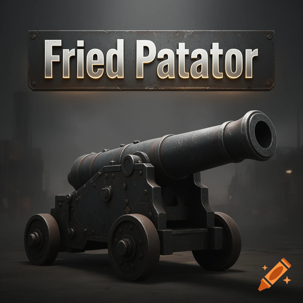 A stylized metal cannon on wheels with a dark grey sign reading 'Fried Patator' above it, rendered in a 3D digital style.