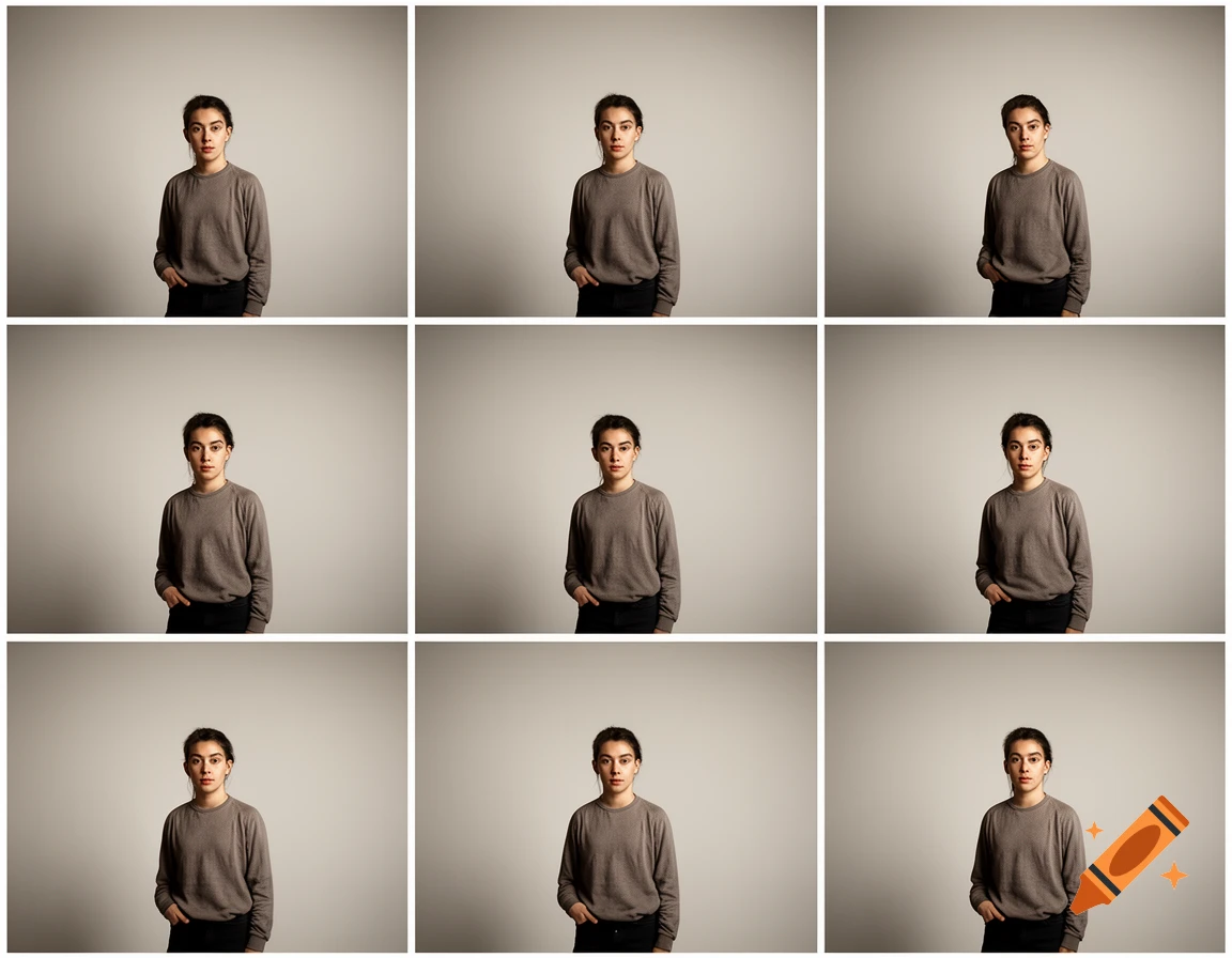 A 3x3 grid of photorealistic portraits of the same young woman against a neutral grey background.