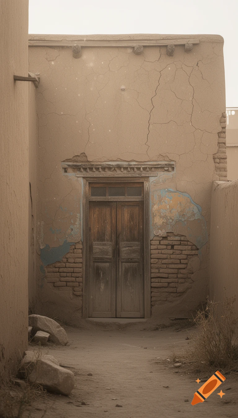 Photorealistic exterior view of an old Persian house with cracked clay walls and a closed wooden door.