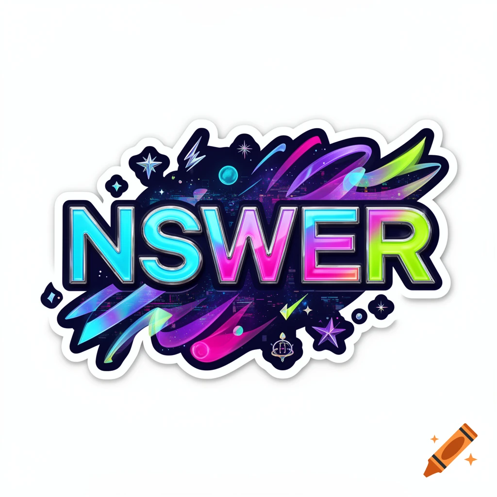 Die-cut sticker with the text NSWER in glossy multicolored futuristic letters against a space background.