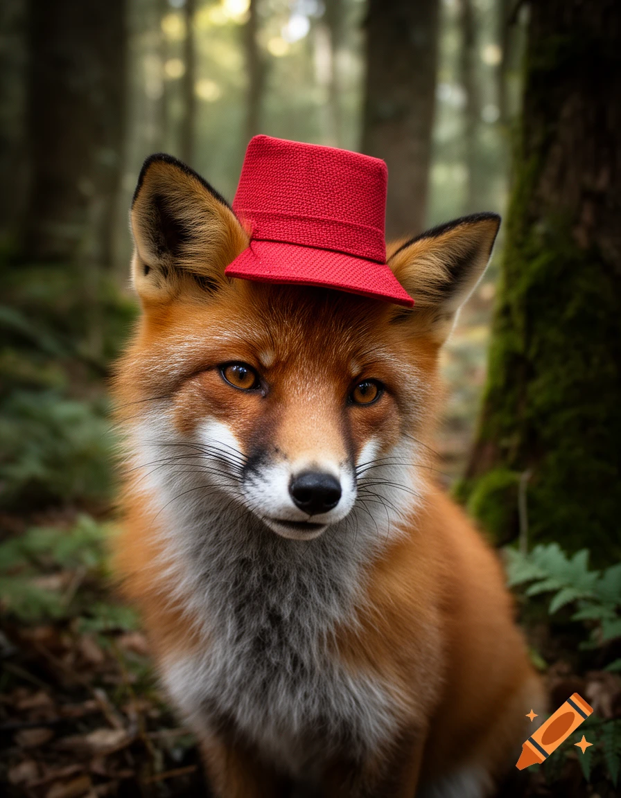 Photorealistic close-up of a red fox wearing a small red hat in a forest.