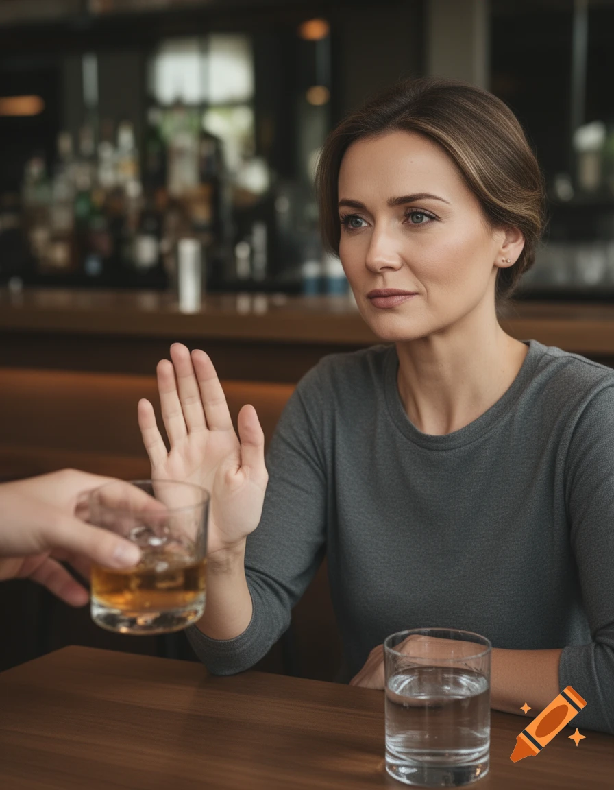 A woman in a grey top gesturing to refuse a glass of whiskey at a bar, photorealistic.