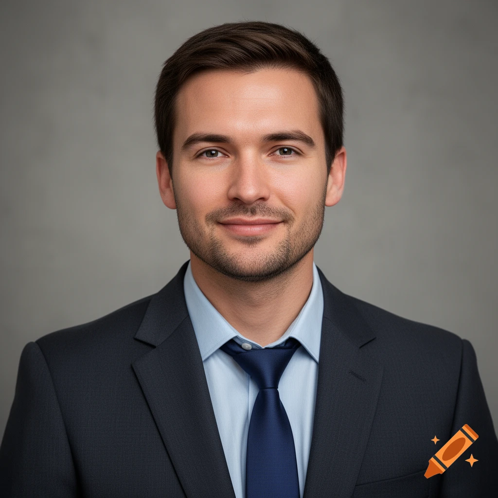 Photorealistic portrait of a man in a dark suit and blue tie against a neutral gray background.