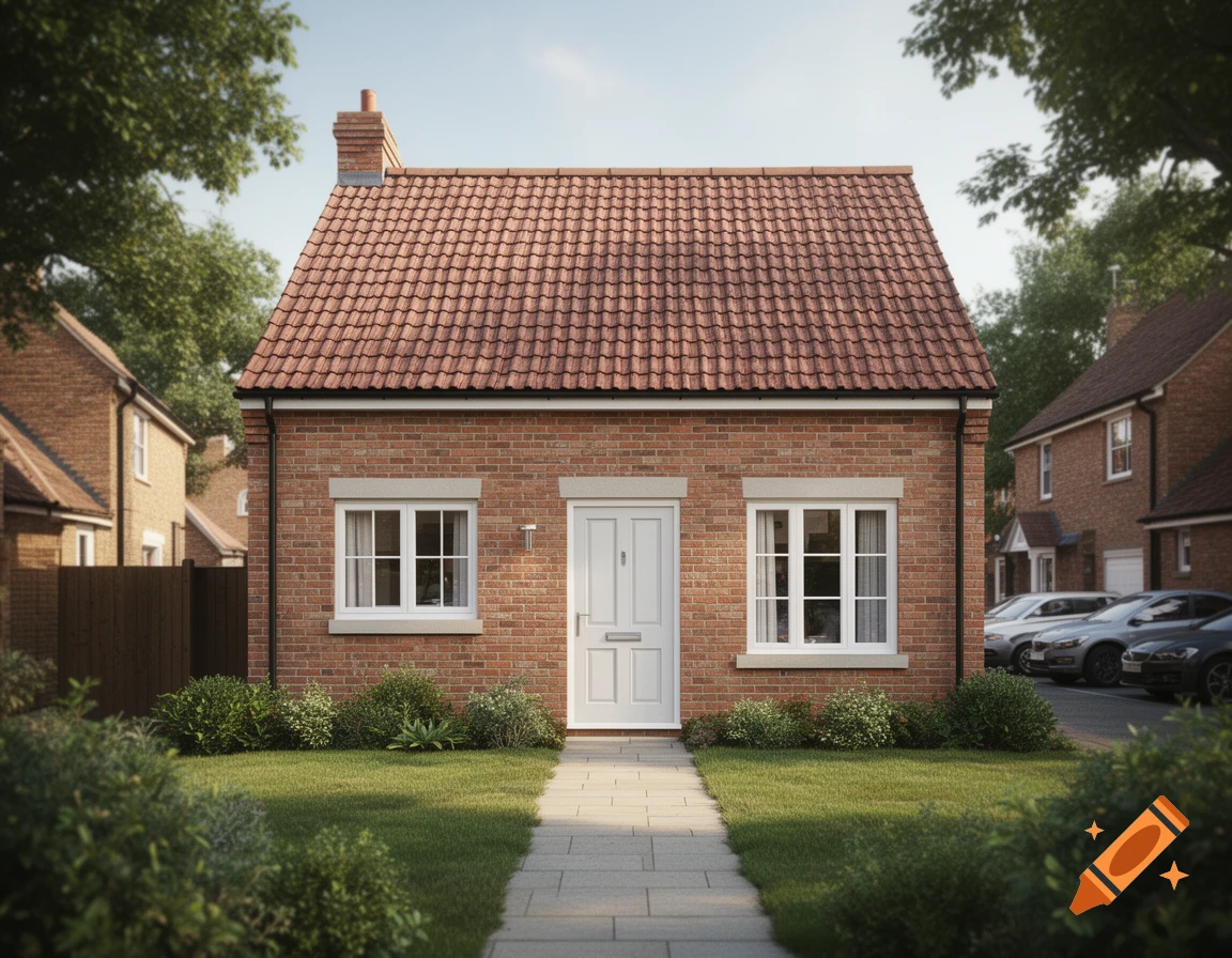 Photorealistic image of a traditional brick house with a tiled roof, front garden, and pathway.