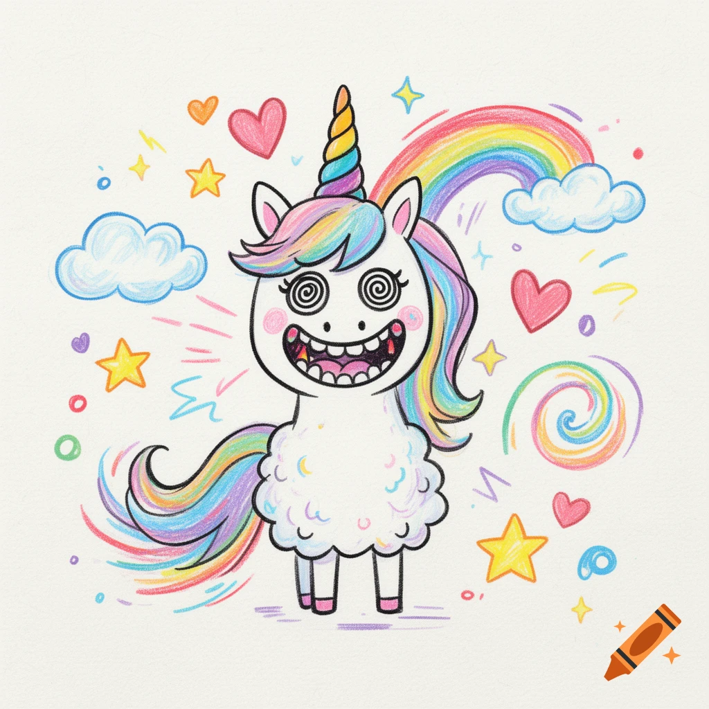 Childish crayon drawing of a white unicorn with swirly hypnotic eyes, crazy grin, rainbow mane and tail, surrounded by stars, clouds, and hearts.