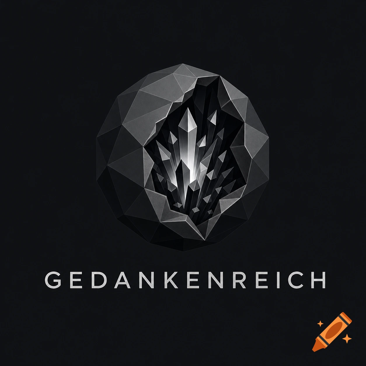 Minimalist corporate logo featuring a dark geometric sphere cracked open to reveal glowing silver crystals, with the text 'GEDANKENREICH' below on a solid dark background.