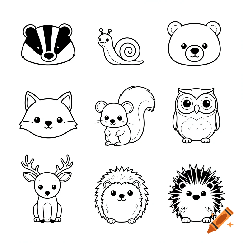 Black and white outline drawings of cute animal heads including a badger, snail, bear, fox, squirrel, owl, deer, and hedgehogs.