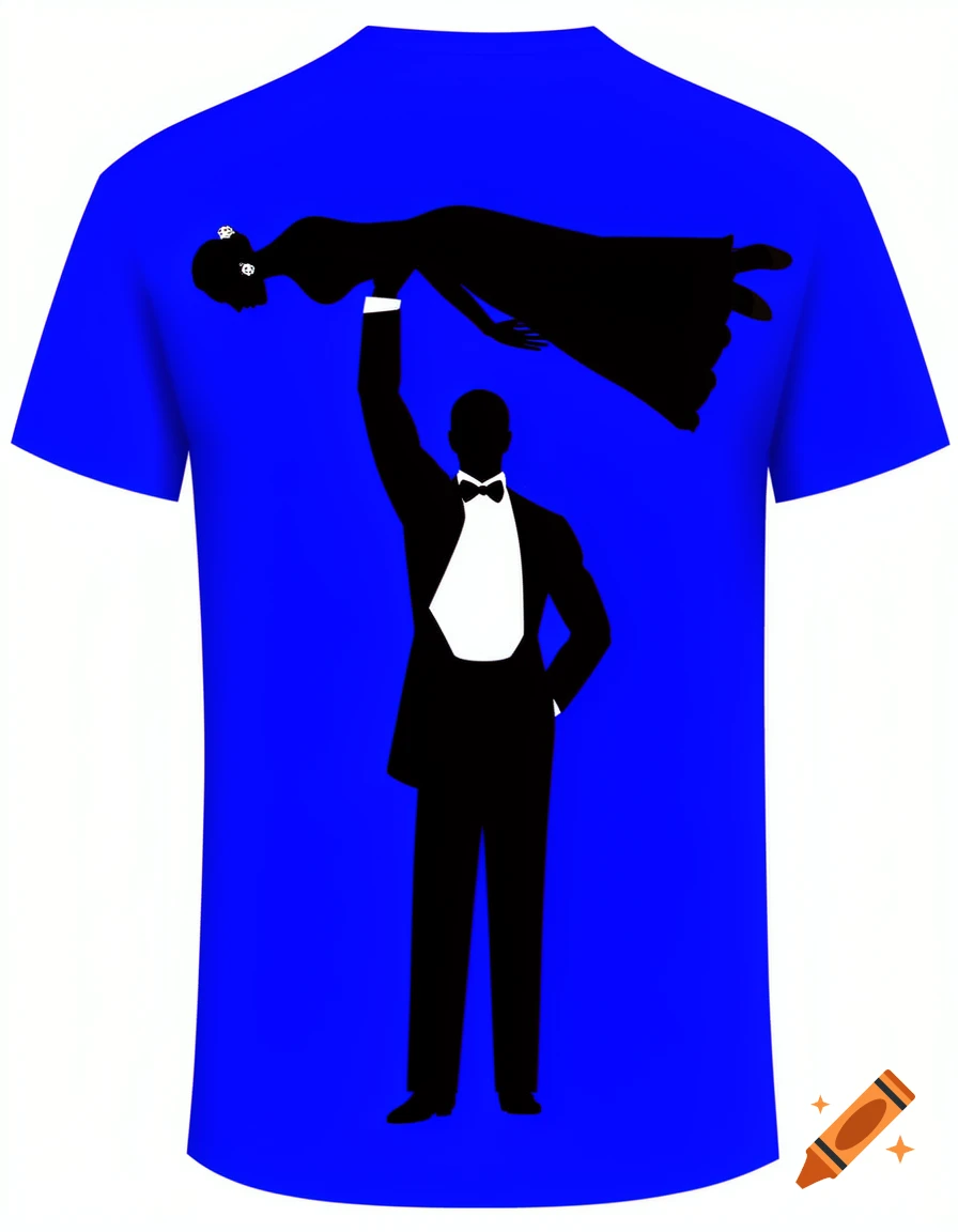 Minimalist graphic vector design on a royal blue t-shirt showing a silhouetted man in a tuxedo doing an overhead lift of a woman in a ballroom dress.