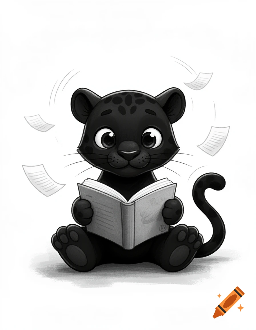 Cute cartoon black panther sitting and reading a book with floating papers around, black and white illustration.