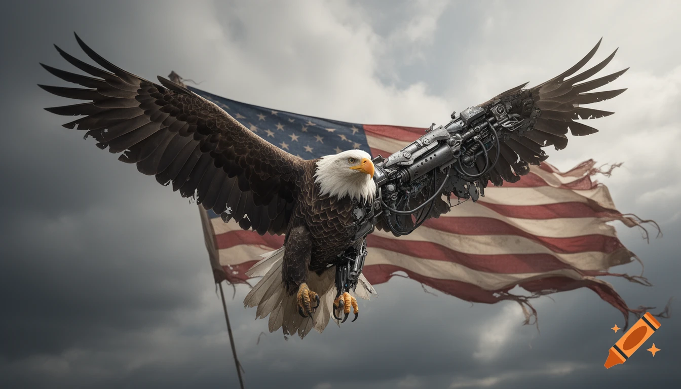 A photorealistic bald eagle with a mechanical cybernetic wing flying in front of a tattered American flag under a stormy sky.