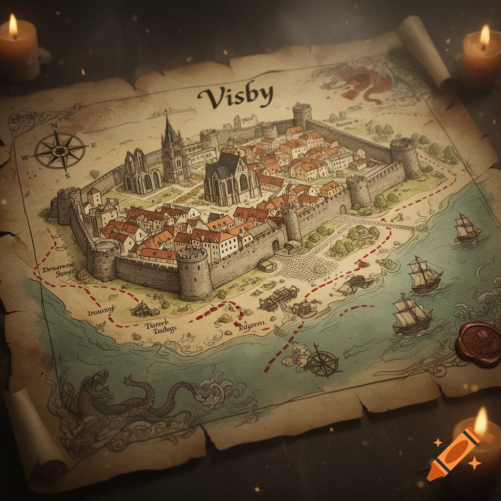 Hand-drawn fantasy map of the walled city of Visby on parchment with candles.
