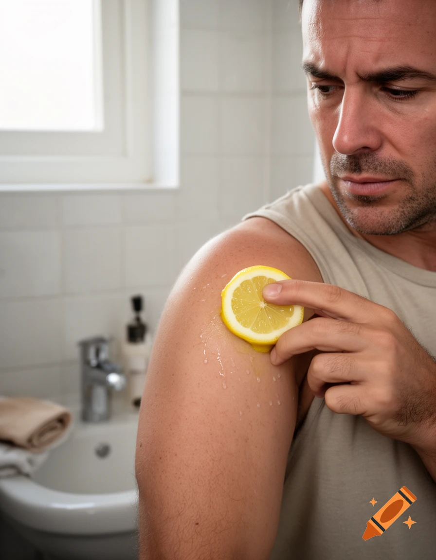 Photorealistic close-up of a man using a slice of lemon as deodorant in a bathroom.