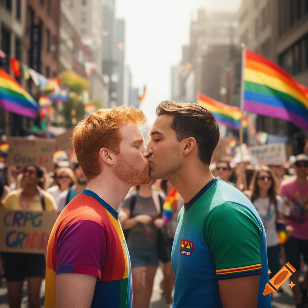 Two men kissing at a pride parade with rainbow flags in the background, photorealistic.