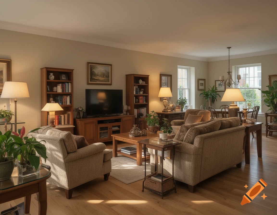Photorealistic spacious living room with wooden furniture, armchairs, sofa, and a television.