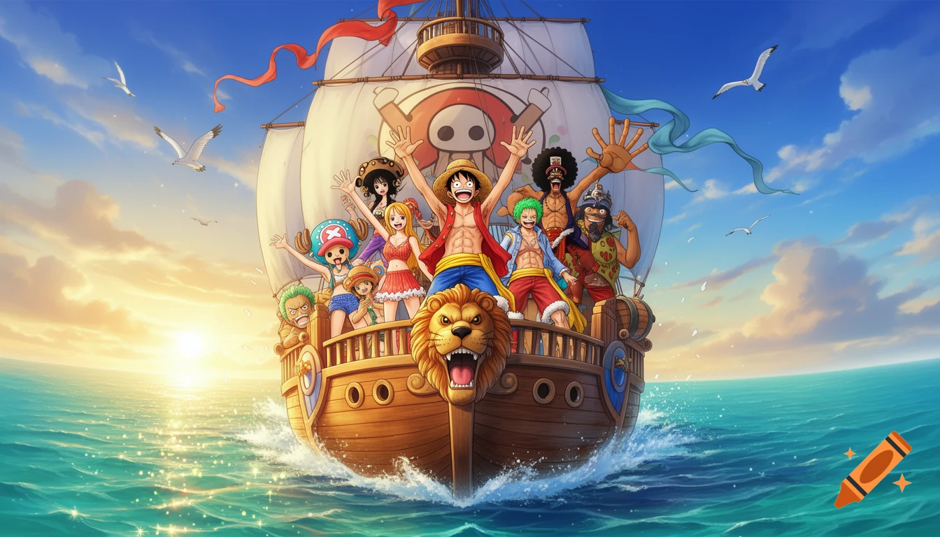 The Straw Hat Pirates from One Piece waving on the deck of the Thousand Sunny ship at sea during sunset.