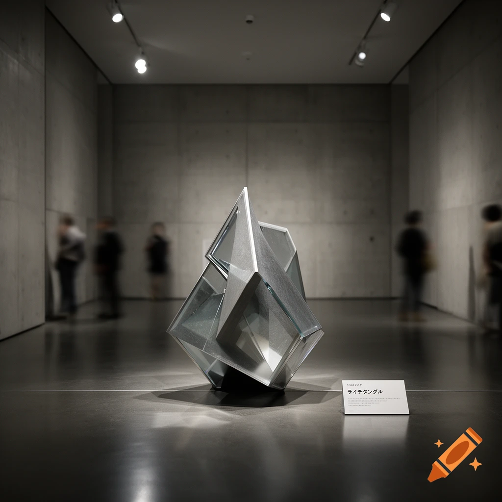 Photorealistic image of a sleek geometric glass sculpture displayed in a minimalist concrete art gallery with a small informational plaque.