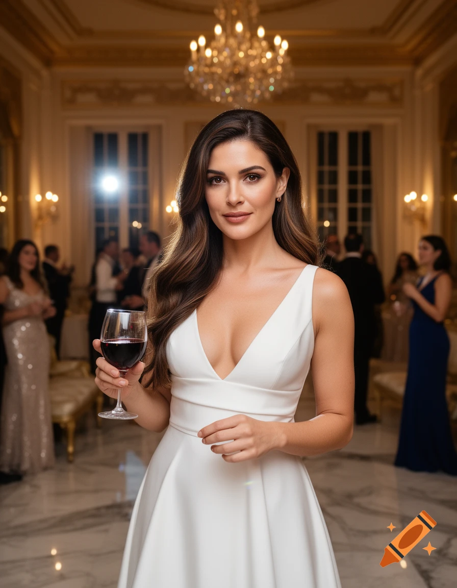 Photorealistic portrait of a woman in a white evening gown holding a glass of wine at a party.
