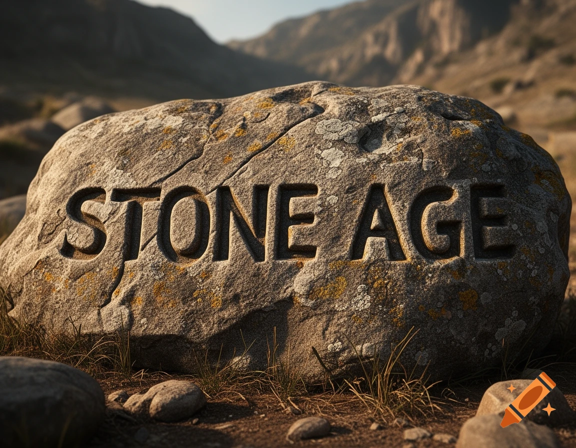 Close-up photorealistic image of the words 'STONE AGE' carved deeply into a large rock in a mountainous landscape.
