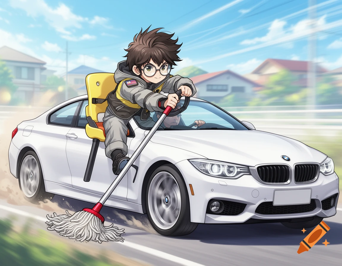 Anime style illustration of a young person in a booster seat inside a white car, steering with a mop.