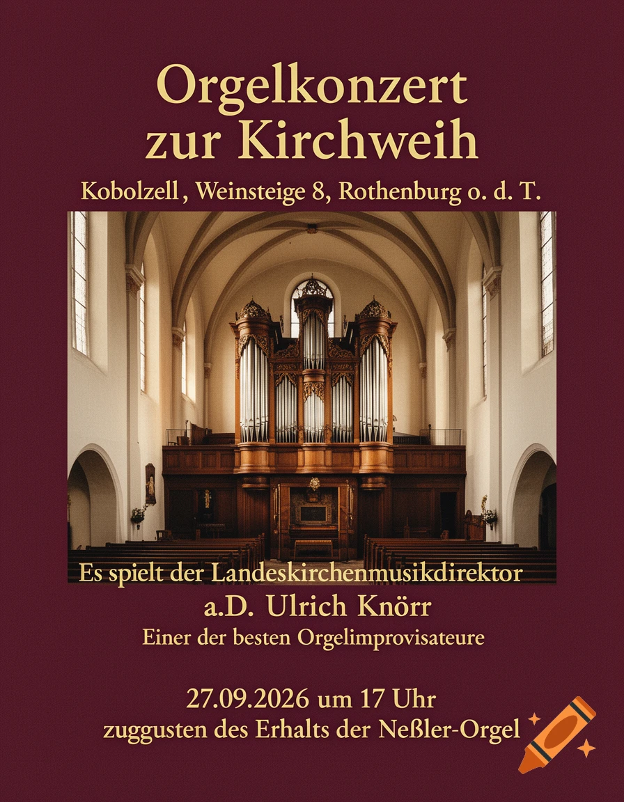 Poster for a church organ concert featuring an interior view of a historic church with a large pipe organ.