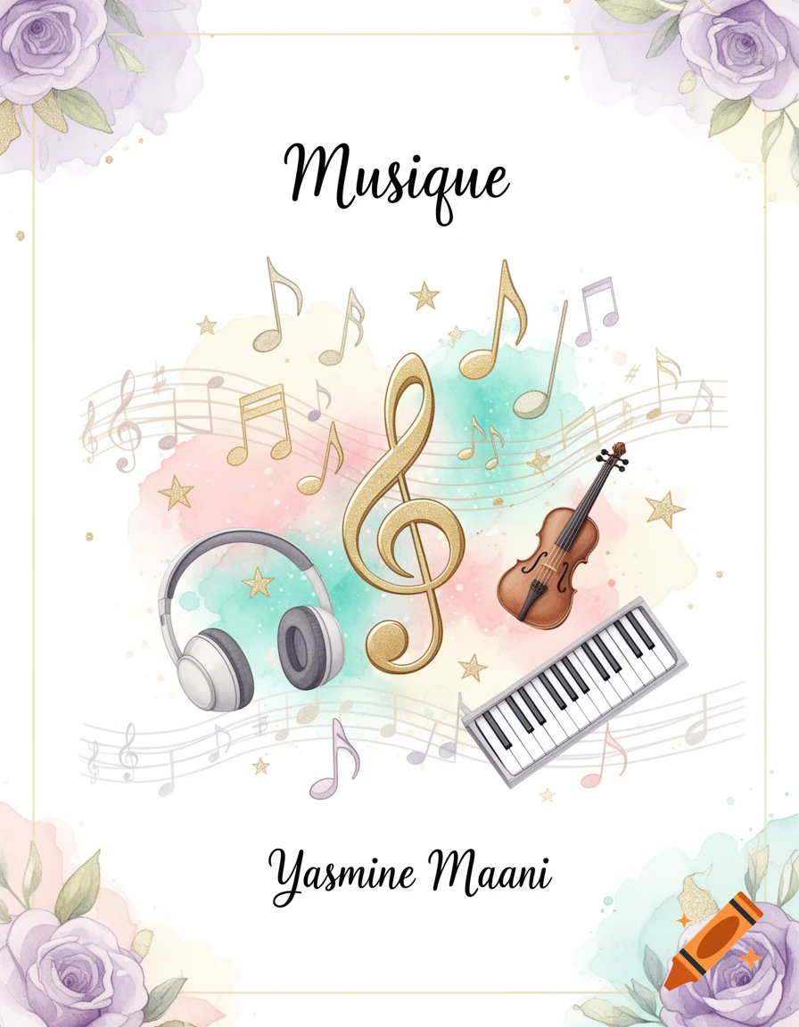 Watercolor music cover with the words Musique and Yasmine Maani, featuring a treble clef, violin, keyboard, headphones, and purple roses.