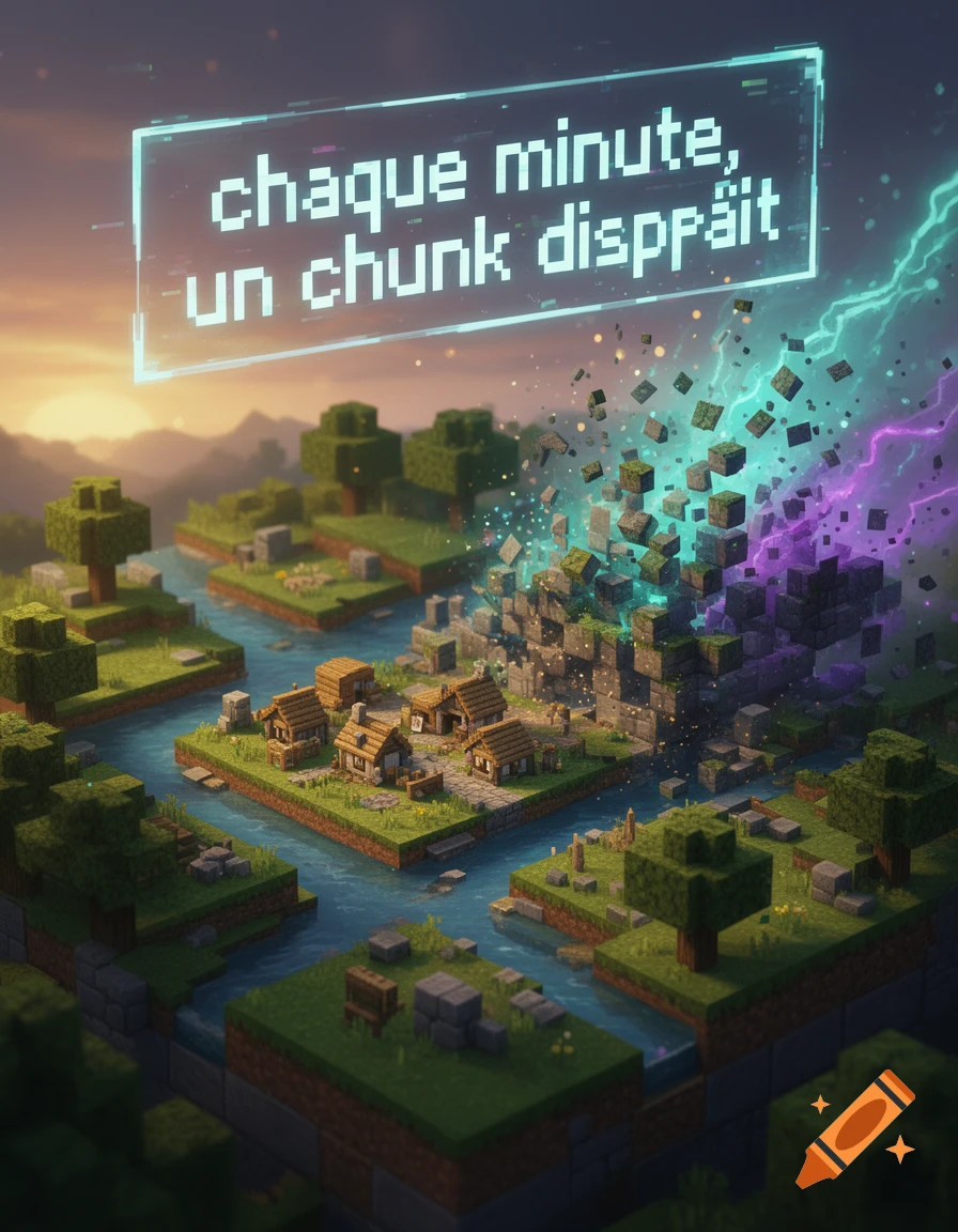 Miniature Minecraft landscape floating in the air with a floating digital text banner above.