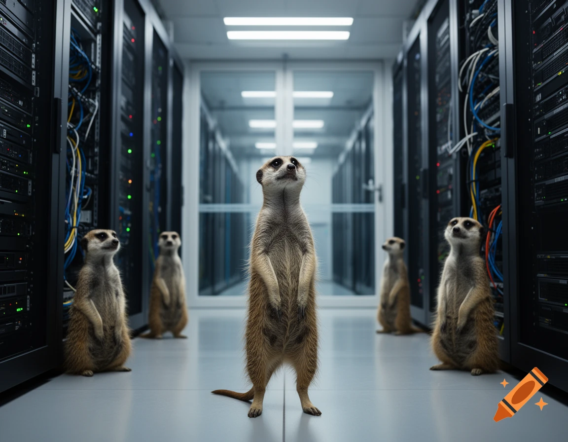 Photorealistic image of several meerkats standing upright inside a modern server room with rows of server racks.