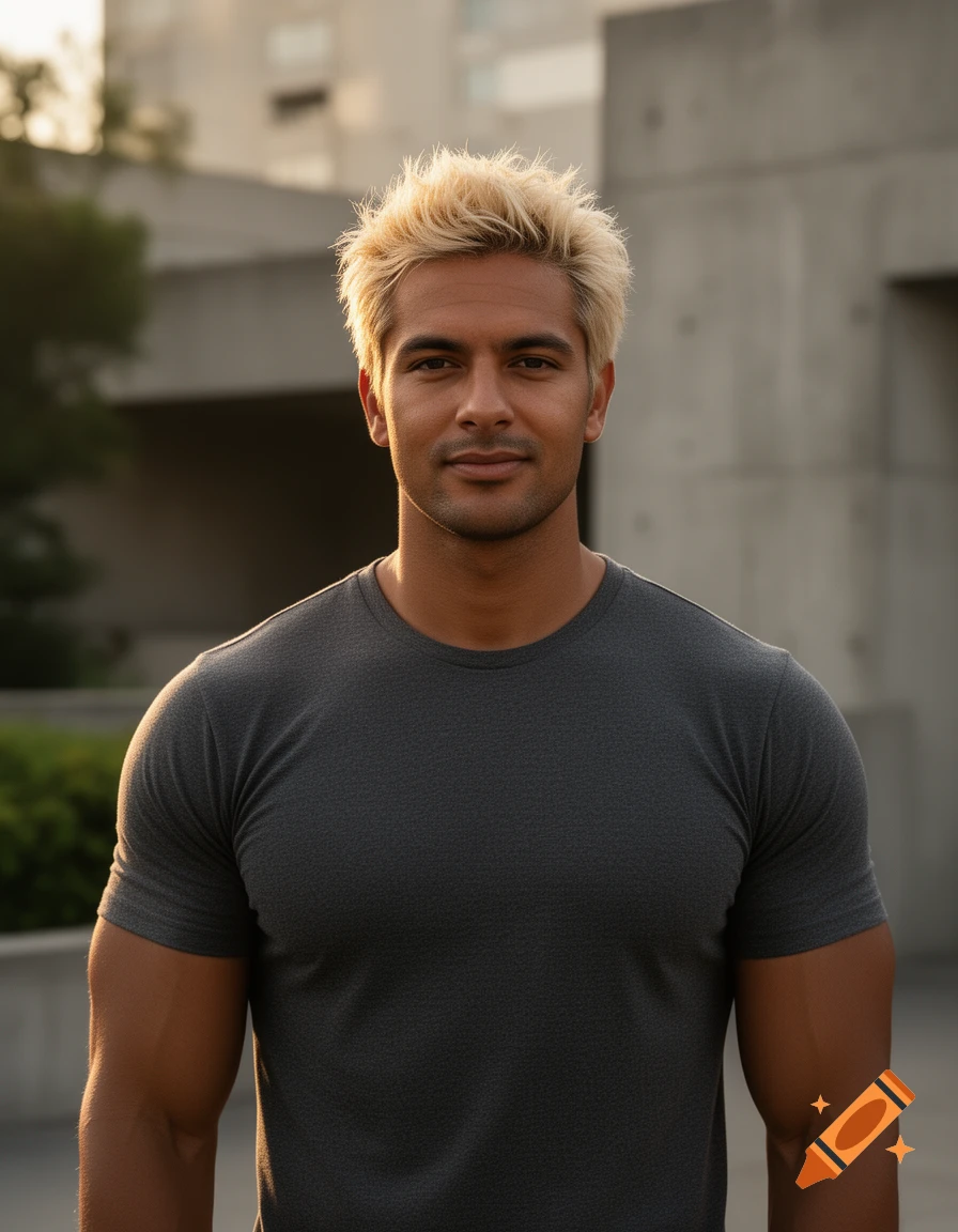 Photorealistic portrait of a muscular man with short blonde hair and a grey t-shirt against an architectural background.