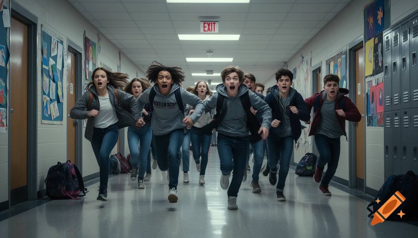 Teenagers screaming and running in terror down a school hallway, photorealistic style.