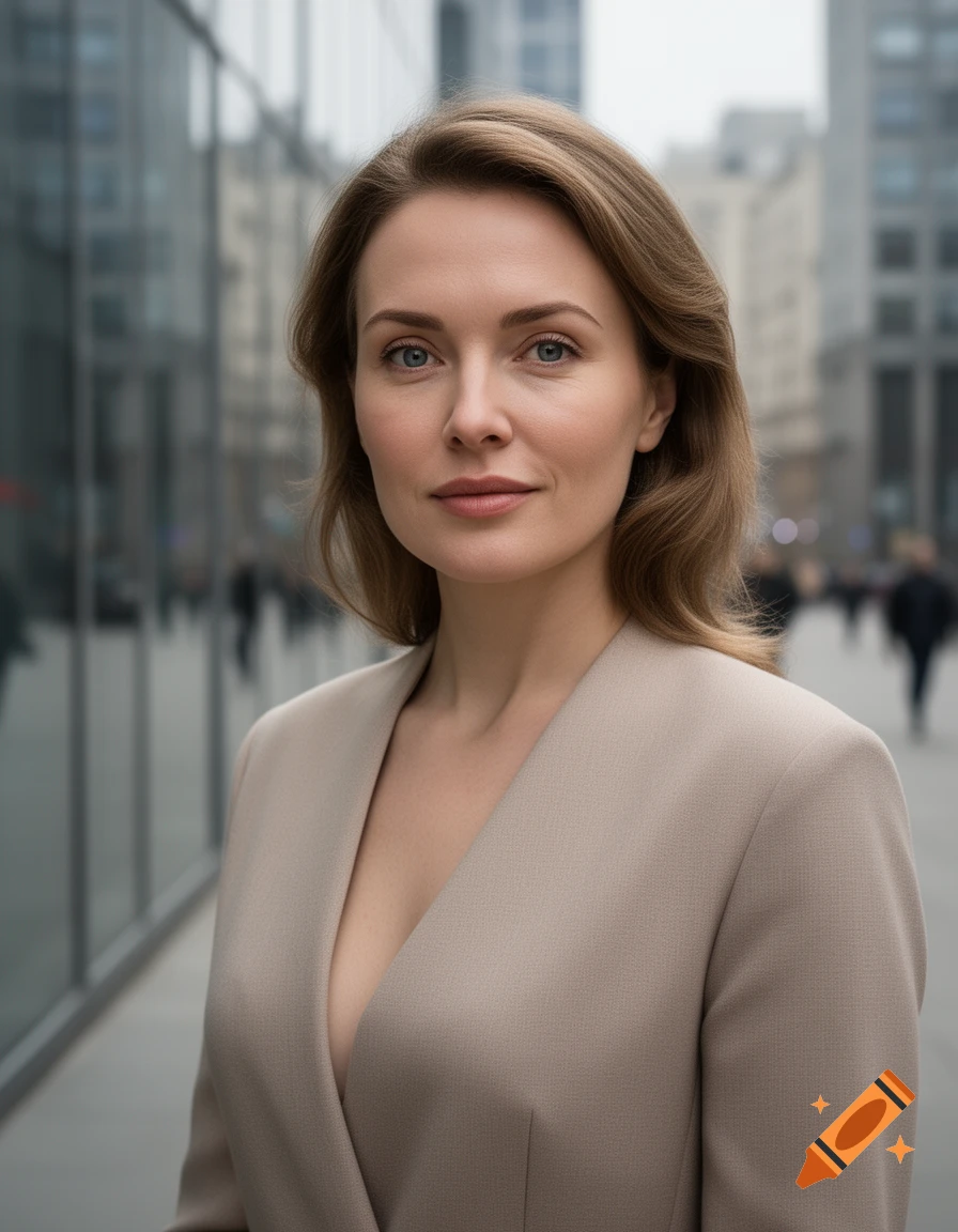 Photorealistic portrait of an attractive woman with brown hair in a beige blazer against a blurred urban background.