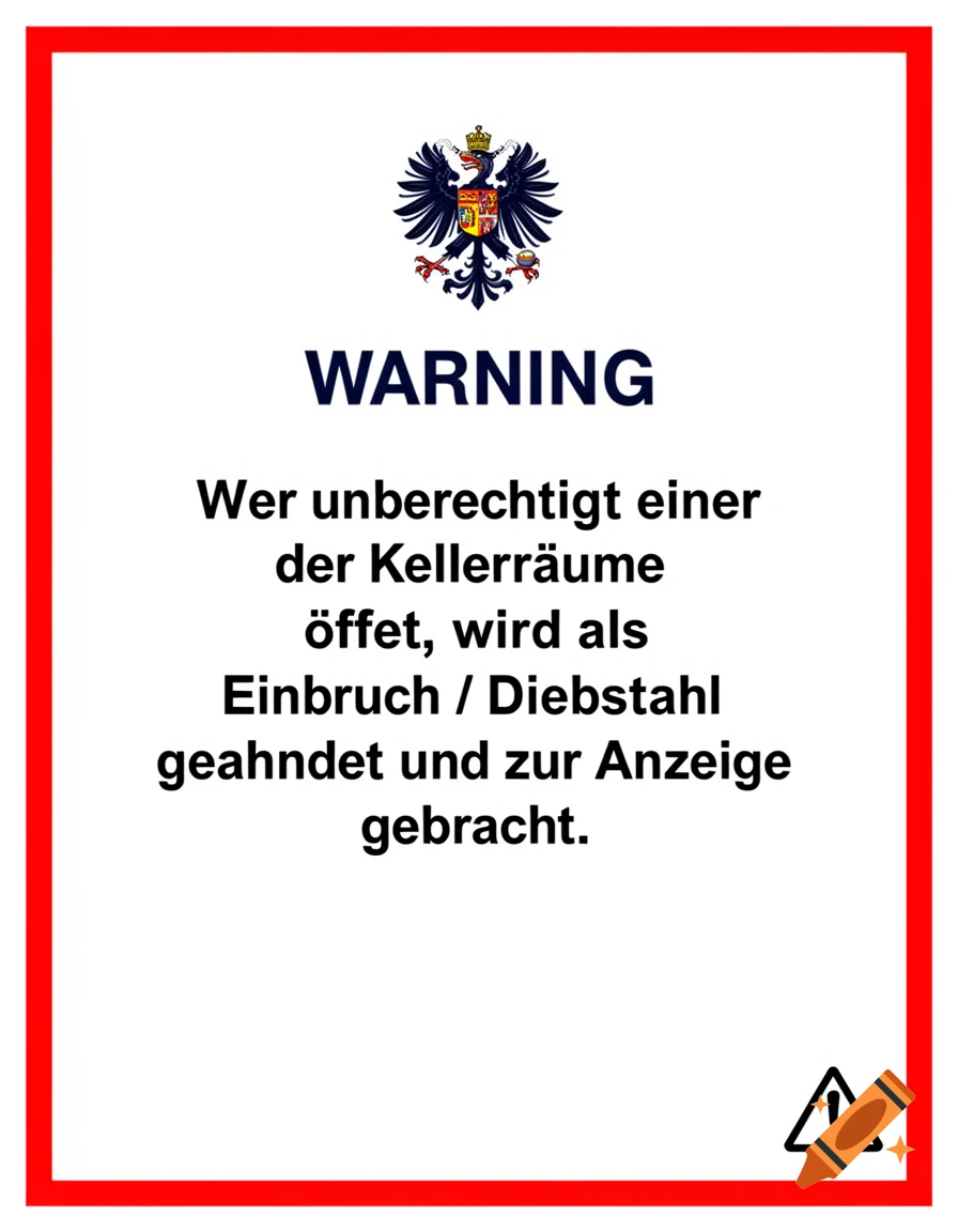 An official-looking warning sign with a red border, an Austrian coat of arms at the top, and German text reading 'Wer unberechtigt einer der Kellerräume öffnet...'