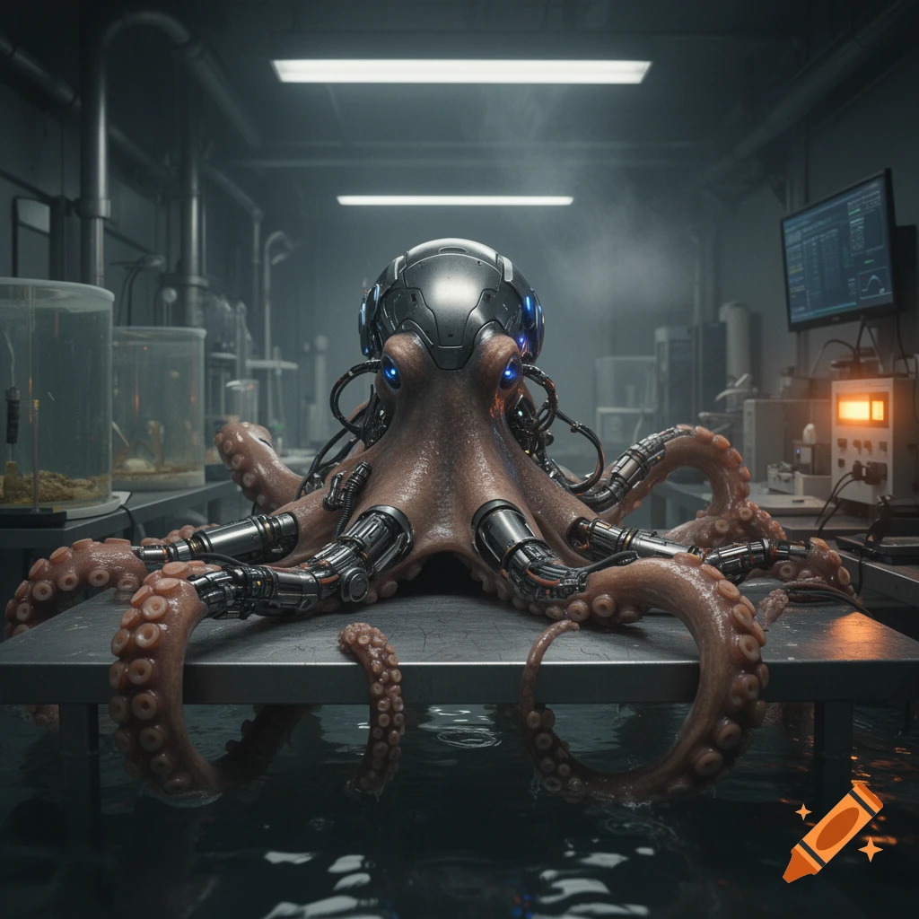 Photorealistic image of a biomechanical octopus with a cybernetic helmet and mechanical tentacles on a metal table in a laboratory.